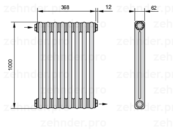 Схема (чертеж) Радиатор Zehnder Charleston 2100/8 №1670 Белый глянцевый RAL 9016